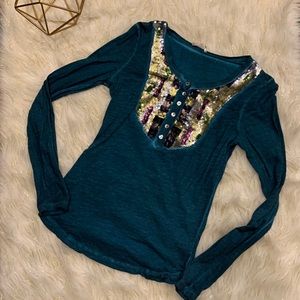 Free People Teal & Sequin Long Sleeve Henley Shirt Women’s Small